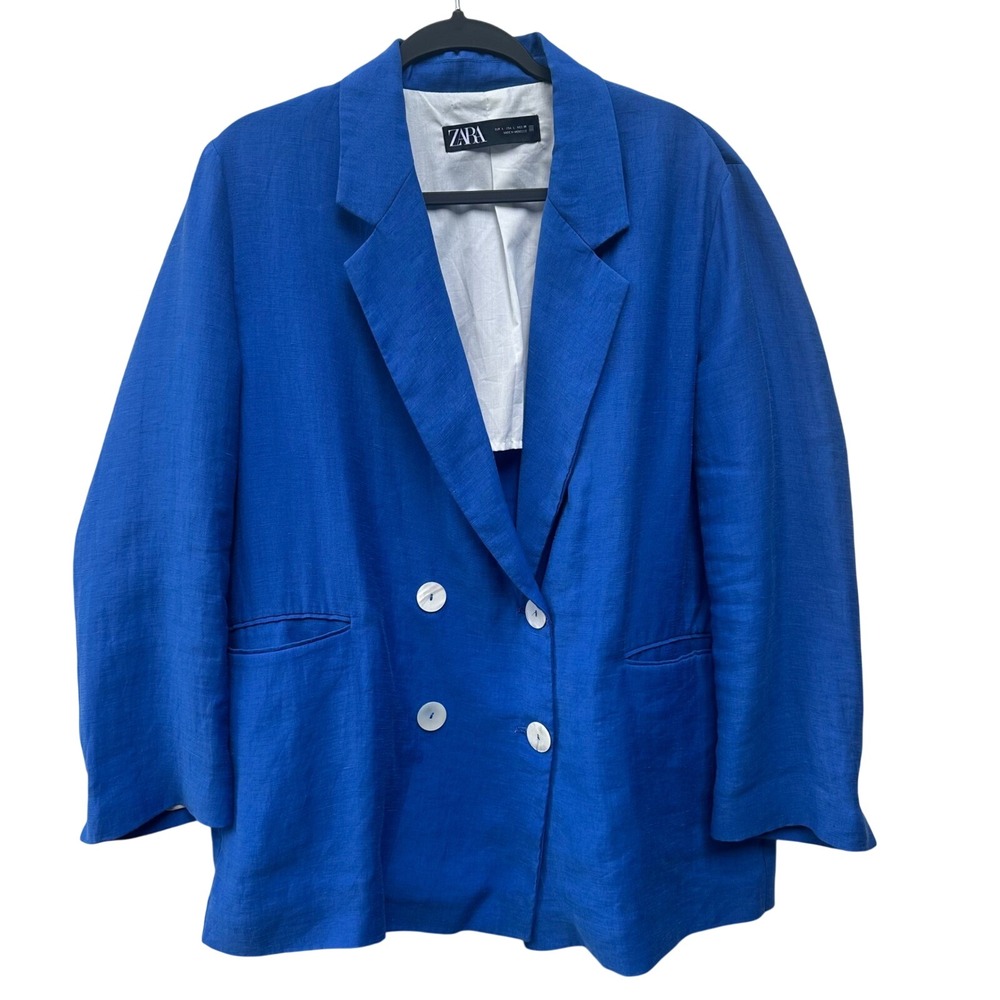 ZARA Linen Blend Double Breasted Blazer Women Large Cobalt Blue Lagenlook Resort
